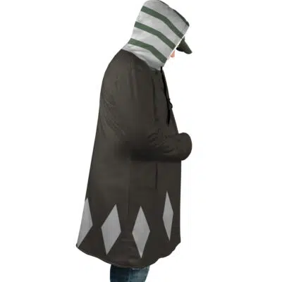 Wearing the Kisuke Urahara Bleach Dream Cloak Coat, a person stands in profile facing right, hands in pockets, displaying green and white stripes with a diamond pattern along the bottom.