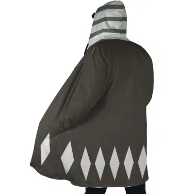 A person shown from the back wears the Kisuke Urahara Bleach Dream Cloak Coat—a long, dark coat with a white diamond pattern at the hem and a hood featuring gray and white horizontal stripes.