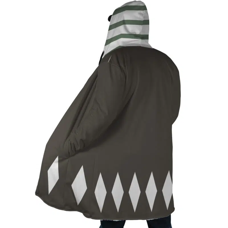A person shown from the back wears the Kisuke Urahara Bleach Dream Cloak Coat—a long, dark coat with a white diamond pattern at the hem and a hood featuring gray and white horizontal stripes.