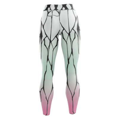 The Shinobu Kocho Demon Slayer Leggings are high-waisted with black, branch-like lines on a white base, fading into light green and pink at the legs. The waistband features an abstract black and white oval pattern.