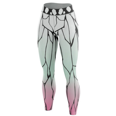 The Shinobu Kocho Demon Slayer Leggings showcase a pink, mint green, and white gradient with black angular stained glass-like lines and a wide waistband featuring white ovals on gray.