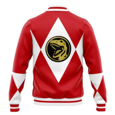 The Red Ranger Mighty Morphin Power Rangers Varsity Jacket is red and white with diamond patterns and a round roaring dinosaur emblem on the back, resembling the iconic Red Ranger costume.