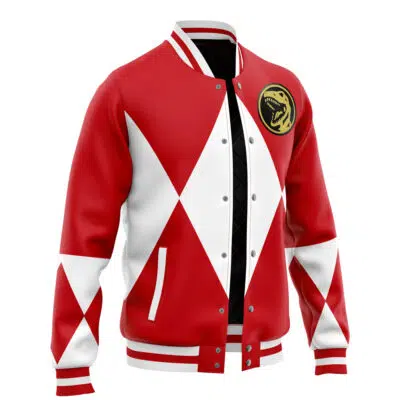 The Red Ranger Mighty Morphin Power Rangers Varsity Jacket features a red and white design with a diamond pattern, yellow dinosaur emblem on the chest, striped cuffs, collar, hem, and an open front showing the black inner lining.