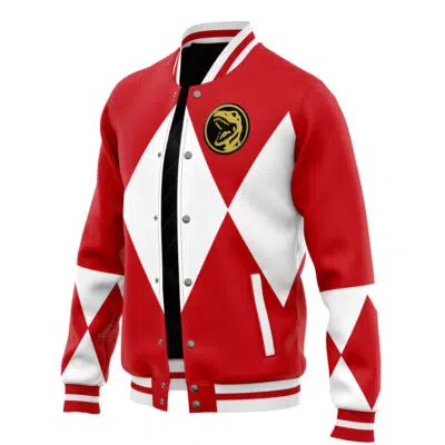 The Red Ranger Mighty Morphin Power Rangers Varsity Jacket features white diamond patterns, striped cuffs and collar, and a black dinosaur emblem on the left chest. It's shown against a plain white background.