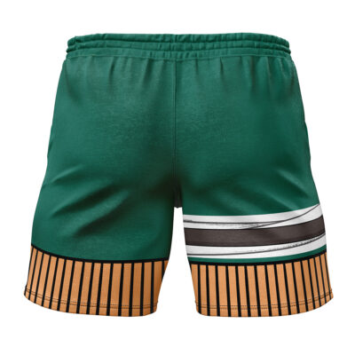 Rock Lee Shippuden Gym Shorts: Green athletic shorts with an elastic waistband, vertical black and orange stripes at the hem, and a horizontal white and black striped design on one side. Shown from the back.