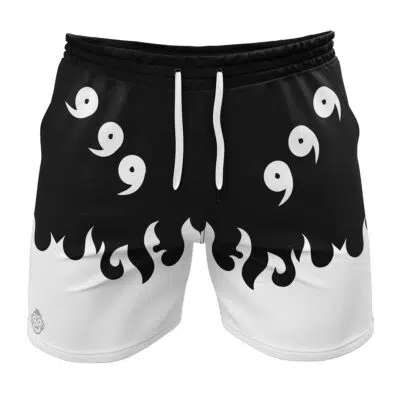 Sage of Six Paths Shippuden Gym Shorts: black and white shorts with a flame-style lower half, comma-shaped symbols on top, a white drawstring, and a small left-leg logo.