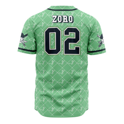 The Straw Hats Zoro One Piece Baseball Jersey is a green, short-sleeved shirt with Zoro and 02 on the back, a diamond pattern featuring crossed swords and skulls, and black-trimmed sleeves adorned with skull and sword designs.