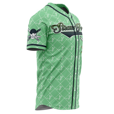 The Straw Hats Zoro One Piece Baseball Jersey is green with a white crisscross pattern, Straw Hat on the chest, and a cartoon skull with crossed bats logo on the sleeve.