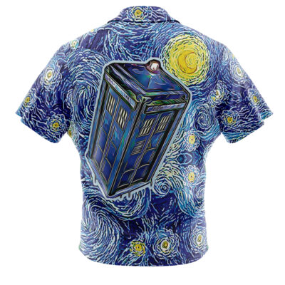 The Tardis Starry Night Doctor Who Button Up Hawaiian Shirt features a Van Gogh-inspired Starry Night background with a bold blue police box, reminiscent of the TARDIS, on the back.