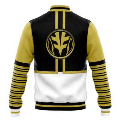 The White Ranger Mighty Morphin Power Rangers Varsity Jacket features gold sleeves with black stripes, a white lower back, a black upper back with a bold gold and black emblem, and black and gold accents at the collar, waist, and cuffs.
