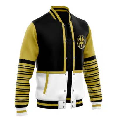 The White Ranger Mighty Morphin Power Rangers Varsity Jacket features gold sleeves, black/gold striped accents, a black upper body, white lower body, gold chest emblem, snap buttons, and front pockets.