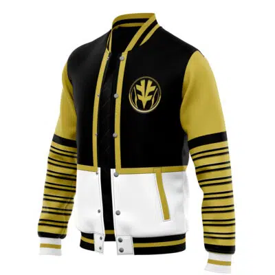 The White Ranger Mighty Morphin Power Rangers Varsity Jacket features black, gold, and white panels, gold sleeves with black stripes, a round emblem on the left chest, gold trim, and snap buttons.
