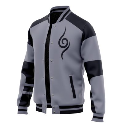 The Anbu Kakashi Shippuden Varsity Jacket is gray and black with a swirl on the left chest, black sleeve stripes, snap buttons, and a quilted inner lining.