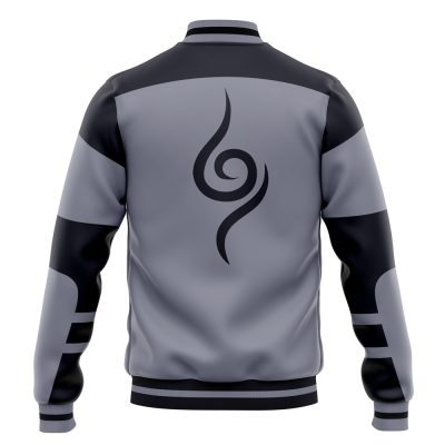 The Anbu Kakashi Shippuden Varsity Jacket is shown from the back in gray and black, with a bold black swirl design centered and geometric black accents on the shoulders and sleeves.