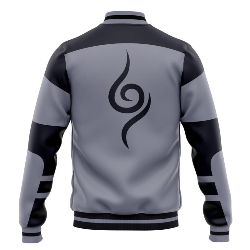 The Anbu Kakashi Shippuden Varsity Jacket is shown from the back in gray and black, with a bold black swirl design centered and geometric black accents on the shoulders and sleeves.
