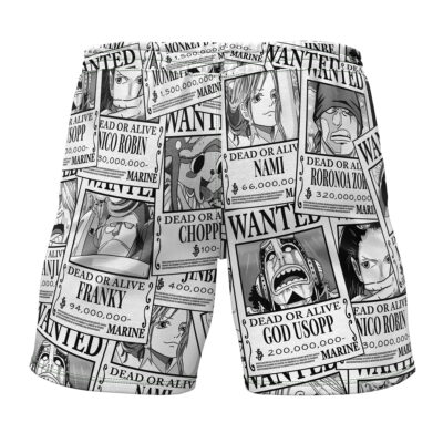 Aloha Strawhat Wanted One Piece Gym Shorts showcase black and white collage prints of anime character wanted posters—including Nico Robin, Chopper, Franky, Usopp, and Zoro—along with their bounty amounts.
