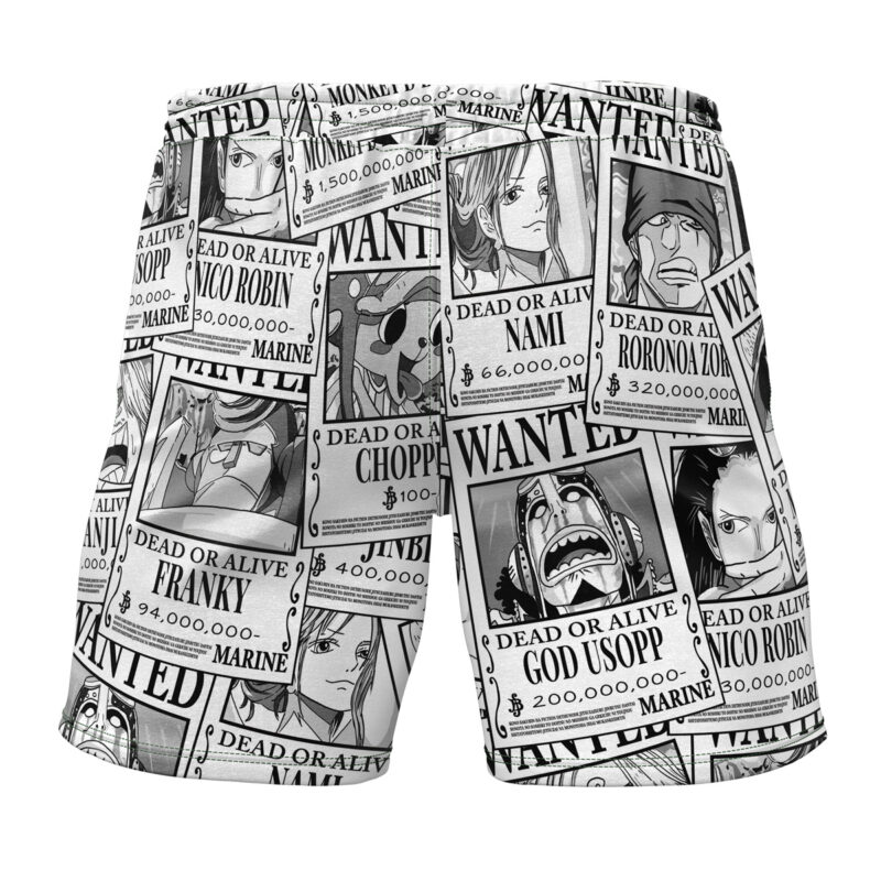 Aloha Strawhat Wanted One Piece Gym Shorts showcase black and white collage prints of anime character wanted posters—including Nico Robin, Chopper, Franky, Usopp, and Zoro—along with their bounty amounts.