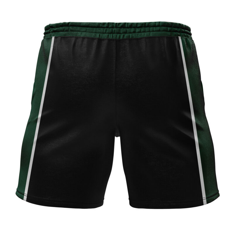 The Bakugo V2 My Hero Academia Gym Shorts feature a black design with dark green side panels, white vertical stripes, an elastic waistband, and smooth, slightly shiny fabric. Shown from the back.