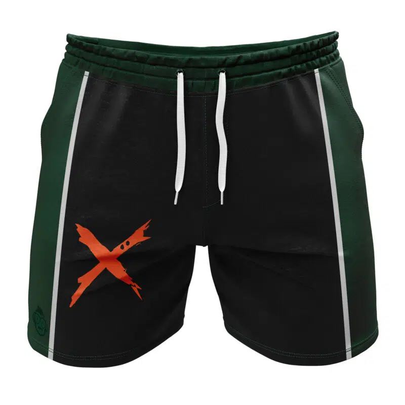 Bakugo V2 My Hero Academia Gym Shorts feature black fabric, dark green side panels, white vertical stripes and drawstrings, plus an orange painted X design on the front left leg.
