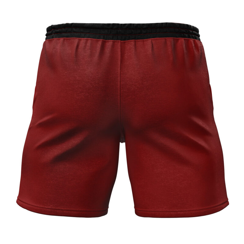 Edward Elric Fullmetal Alchemist Gym Shorts in red, featuring a black elastic waistband, displayed from the back on a white background.