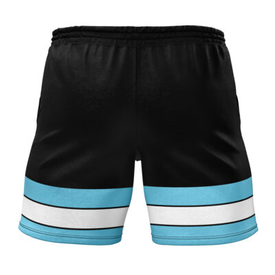 The Fire Force Gym Shorts feature an elastic waistband and a black design with two horizontal stripes—light blue above white—near the bottom of each leg. Shown from the back.