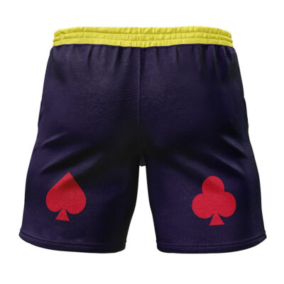 The First Outfit Hisoka Hunter X Hunter Gym Shorts are dark purple athletic shorts with a yellow waistband, featuring a red spade on the left leg and a red club on the right leg.