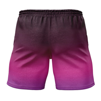 The Gengar Nightshade Pokemon Gym Shorts feature an elastic waistband and a gradient design that fades from dark purple at the top to bright pink at the bottom. This pair is shown from the back.