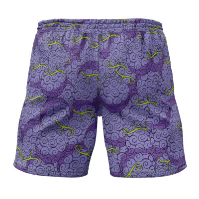 Gomu Gomu No Mi Luffy Devil Fruit One Piece Gym Shorts featuring a swirling pattern with green vine-like accents on a light and dark purple gradient background.