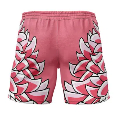 The Doflamingo One Piece Gym Shorts feature an elastic waistband and a bold, abstract floral pattern in white, pink, and magenta on the back.