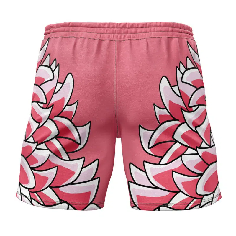 The Doflamingo One Piece Gym Shorts feature an elastic waistband and a bold, abstract floral pattern in white, pink, and magenta on the back.