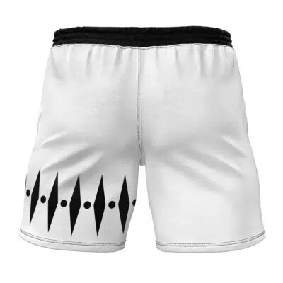 Zaraki Kenpachi v2 Bleach Gym Shorts shown from the back: white athletic shorts with a black waistband and a pattern of black diamonds and dots on the lower left side near the hem.
