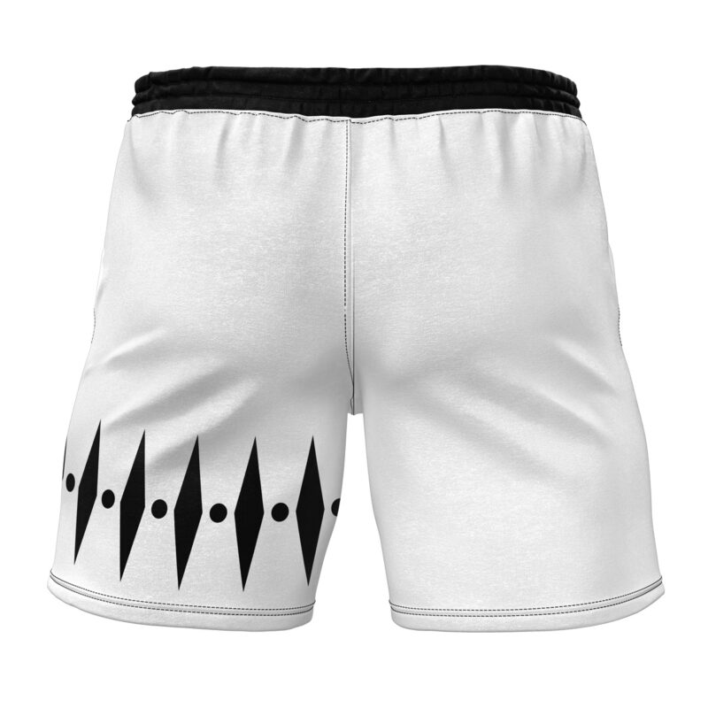 Zaraki Kenpachi v2 Bleach Gym Shorts shown from the back: white athletic shorts with a black waistband and a pattern of black diamonds and dots on the lower left side near the hem.