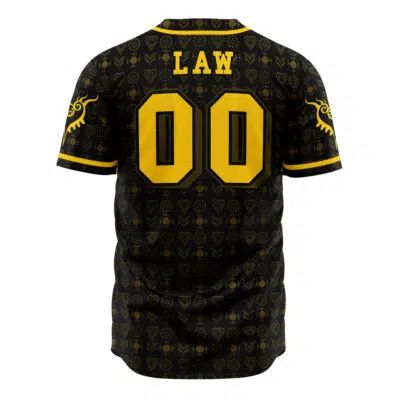 The Heart Pirates Law V1 One Piece Baseball Jersey is black with yellow trim, LAW and 00 in bold yellow on the back, a subtle heart and symbol pattern, and a stylized yellow emblem on the left sleeve.