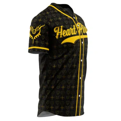 The Heart Pirates Law V1 One Piece Baseball Jersey is black with yellow accents, Heart Pirates in yellow on the chest, a heart-shaped pirate emblem on the sleeve, and a gold logo pattern across the fabric.