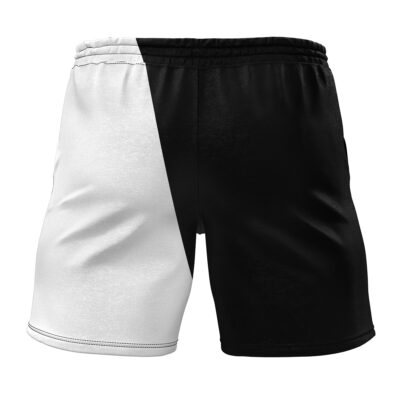 The Ichigo Hollow Bleach Gym Shorts feature a vertical split design—white on the left, black on the right—with an elastic waistband and visible stitching for sporty style.