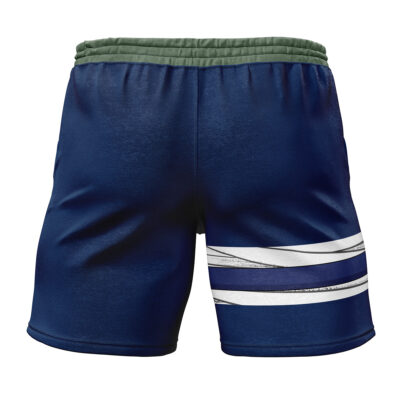 Rear view of Konoha Jonin Shippuden Gym Shorts in navy blue, featuring a green waistband and white and navy diagonal stripes on the lower right leg.