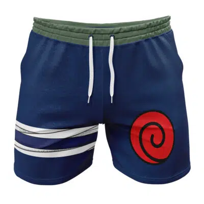 The Konoha Jonin Shippuden Gym Shorts feature a green waistband, navy blue fabric, white drawstrings, two white diagonal stripes on the left, and a red swirl symbol on the right leg.