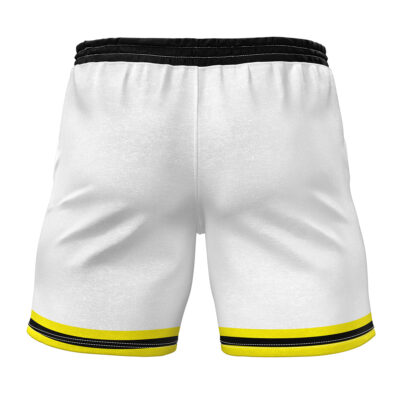 Back view of Majin Buu White Dragon Ball Z Gym Shorts featuring a black waistband, two horizontal yellow stripes near the bottom of each leg, and thin black accents above the yellow bands.