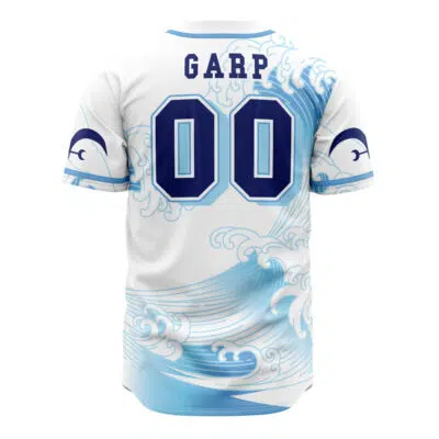 The Marines Garp One Piece Baseball Jersey is a white jersey with "GARP" and the number 00 in bold blue on the back, featuring blue wave patterns and whale tail graphics on the sleeves.