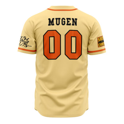 The Mugen V2 Samurai Champloo Baseball Jersey is beige with orange trim, "MUGEN" and 00 in bold black and orange on the back, Japanese text on the sleeves, and a Samurai Champloo patch.