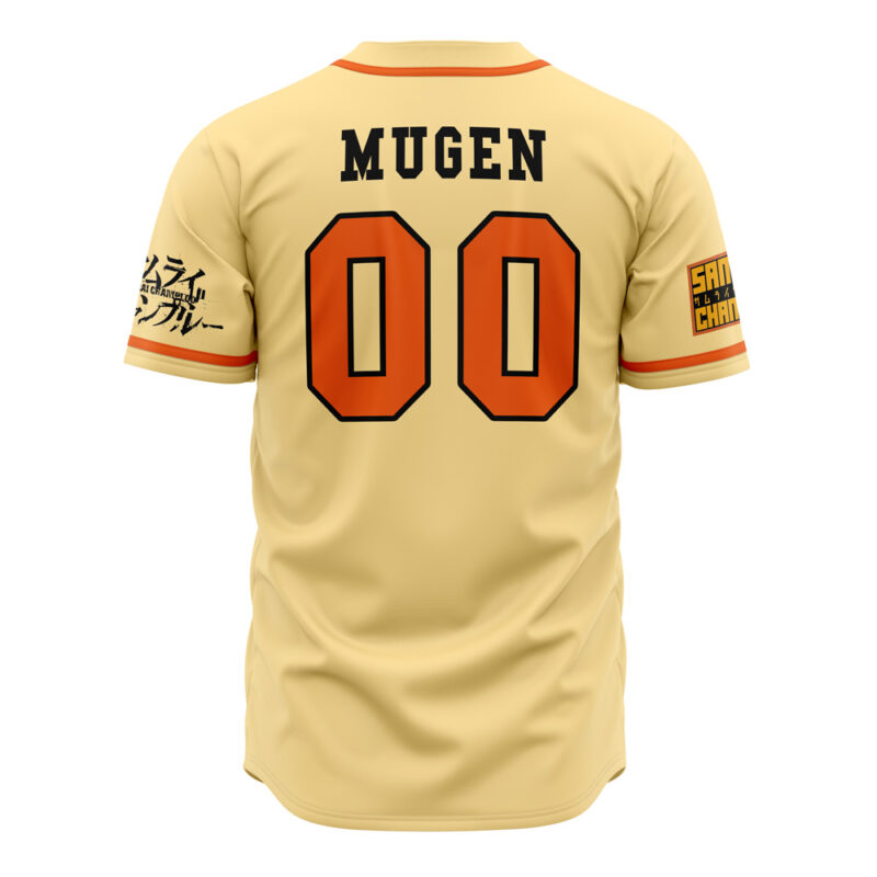 The Mugen V2 Samurai Champloo Baseball Jersey is beige with orange trim, "MUGEN" and 00 in bold black and orange on the back, Japanese text on the sleeves, and a Samurai Champloo patch.