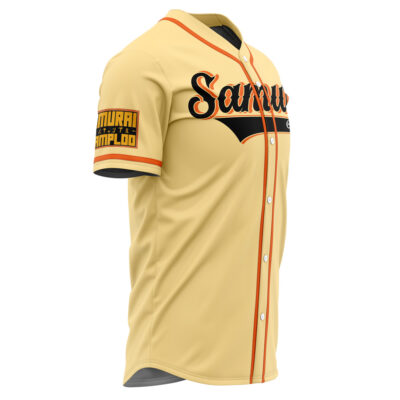 The Mugen V2 Samurai Champloo Baseball Jersey features a cream color, orange trim, black "Samurai" lettering on the chest, and a yellow "Samurai of the SampLoo" patch on the left sleeve.