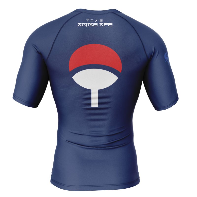 The Uchiha Symbol Shippuden Short Sleeve Rash Guard Compression Shirt in navy blue features a red and white fan symbol, Japanese characters, and “ANIME APE” printed across the upper back.