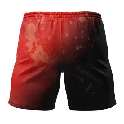 Struggler Berserk Gym Shorts in red and black with a splatter pattern, shown from the back against a white background.