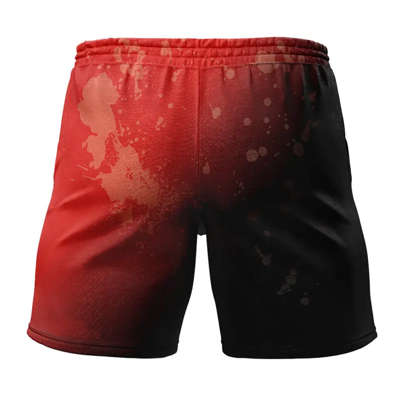 Struggler Berserk Gym Shorts in red and black with a splatter pattern, shown from the back against a white background.