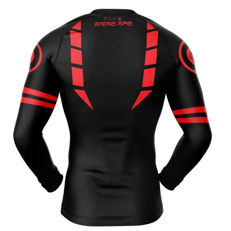 The Sukuna Jujutsu Kaisen Long Sleeve Rash Guard Compression Shirt features a black design with red geometric patterns and stripes, plus Japanese characters printed across the upper back.