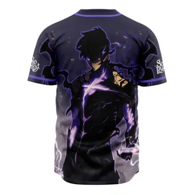 The Shadow Monarch Solo Leveling Baseball Jersey features a dark anime-style character with purple energy on the back and the Solo Leveling logo on the sleeves.