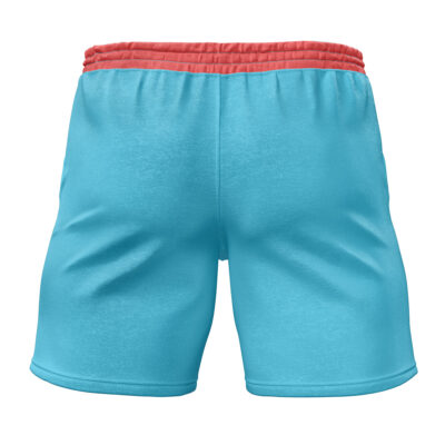 Back view of Tony Tony Chopper One Piece Gym Shorts in light blue with a red elastic waistband, displayed on a plain white background.