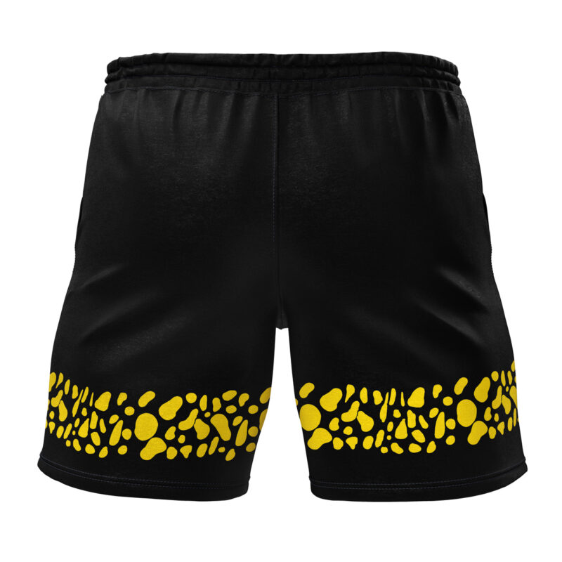 The Trafalgar D. Water Law Black Punk Hazard One Piece Gym Shorts feature a pattern of yellow spots on the lower thighs, an elastic waistband, and no visible logos. The image displays the back view of these athletic shorts.