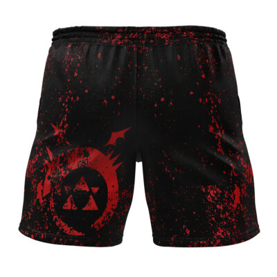 Edward Elric Transmutation Circle Fullmetal Alchemist Gym Shorts: Black athletic shorts with a red splatter design and an emblem of three triangles inside a circle with angular accents on the left leg.